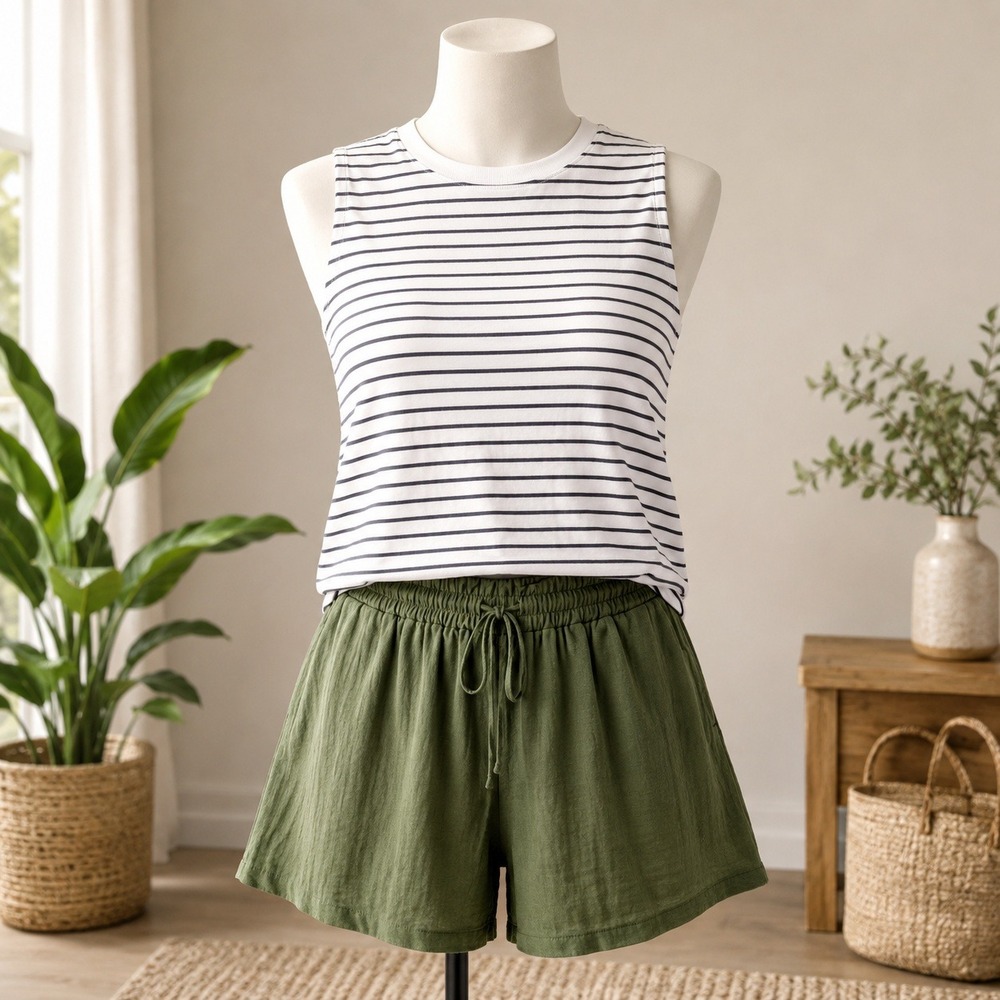 NWT Cupshe 2 Piece Set Womens S/XL Green White Striped Tank‎ Shorts Beachwear